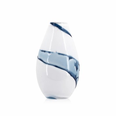 13" White With a Blue Swirl Glass Vase