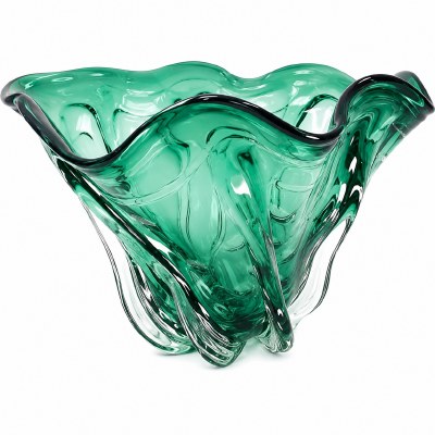 12" Round Dark Green and Clear Flange Glass Bowl
