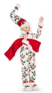 16" Elf Wearing Red and Green Holly Pajamas Figurine