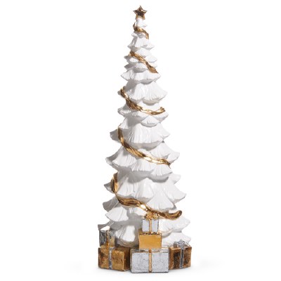 19" White and Gold Polyresin Christmas Tree With Presents Beneath Statue