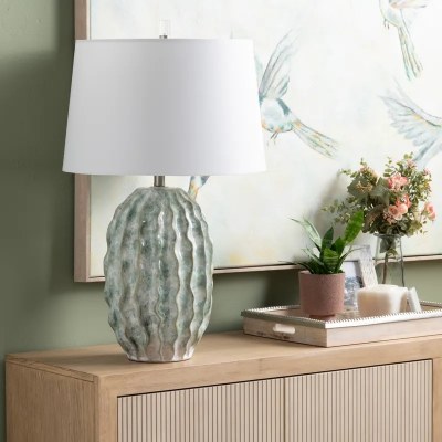 31" Green and White Ceramic Flange Table Lamp