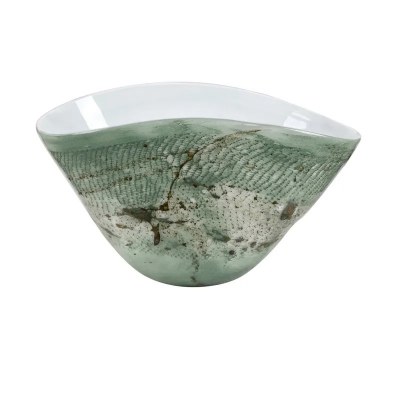 12" Green and White Oval Decorative Glass Bowl