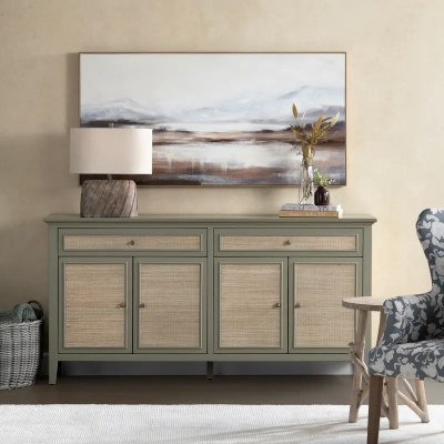 72" Green and Natural Woven Four Door Two Drawer Credenza