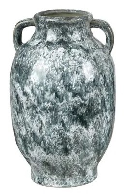 12" Dark Green and White Ceramic Decorative Vase With Handles