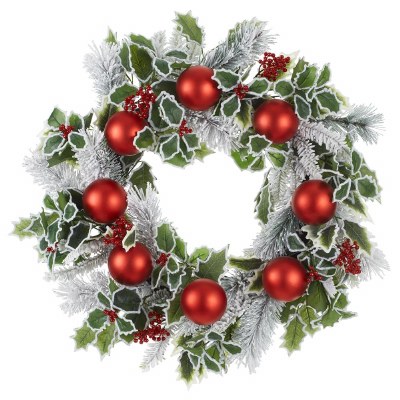 24" Round Faux Holly and Pine With Red Ornaments Wreath