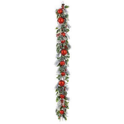 6' Faux Holly and Pine With Red Ornaments Garland
