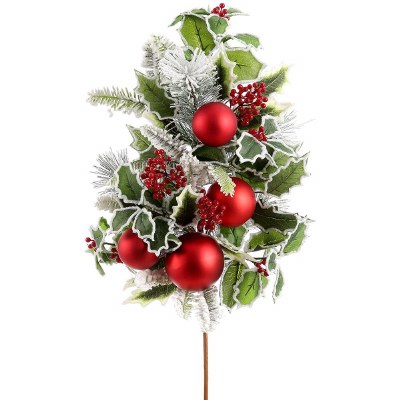 26" Faux Holly and Pine With  Red Ornaments Spray