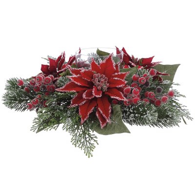16" Faux Red Iced Poinsettia Glass Hurricane Centerpiece