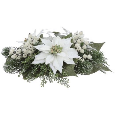 16" Faux White Iced Poinsettia Glass Hurricane Centerpiece