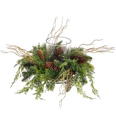 6" Faux Mixed pine and Twigs Glass Hurricane Centerpiece