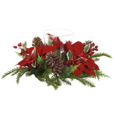 18" Faux Red Poinsettia and Pine Glass Hurricane Centerpiece