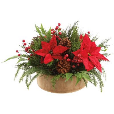 22" Round Faux Red Poinsettia and Pine Mix in a Bowl