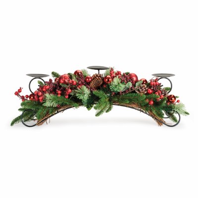 10" x 29" Faux Pine and Red Berries Triple Pillar Candle Arched Centerpiece