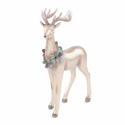 11" Gold Polyresin Reindeer Standing Wearing a Green Wreath Figurine