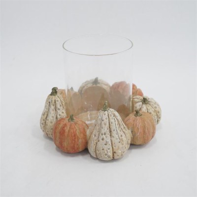 6" Orange and White Polyresin Pumpkins and a Glass Hurricane Fall & Thanksgiving Centerpiece