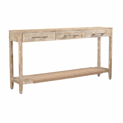 72" Whitewash Three Drawer One Woven Shelf Console