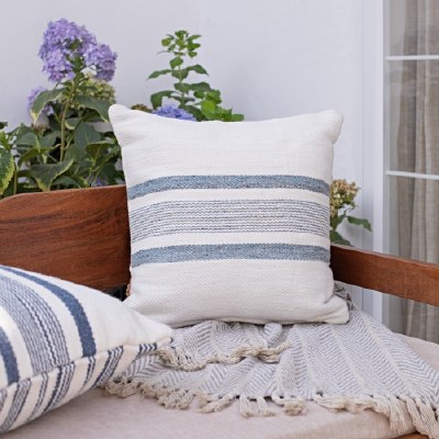 20" Sq Blue and White Stripes Pattern Decorative Indoor/Outdoor Pillow