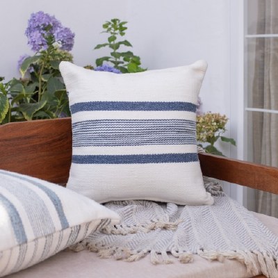 20" Sq Navy and White Stripes Pattern Decorative Indoor/Outdoor Pillow