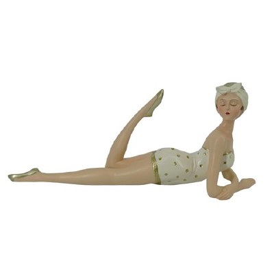 14" White and Champagne Polyresin Bathing Beauty Beach Lady Laying Coastal Figurine