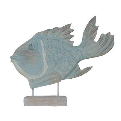 18" x 20" White Washed and Blue Coastal Wood Fish Statue