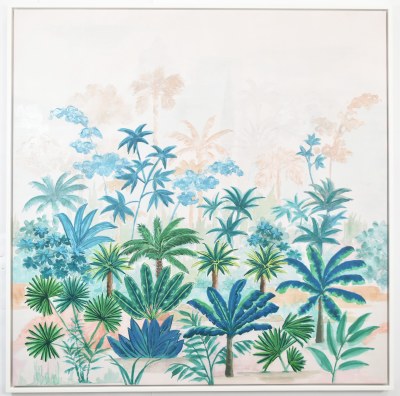 48" Sq Palm Tree Foresr Coastal Canvas in a White Frame