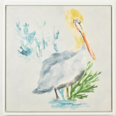 24" Sq Pelican amd Coral Coastal Canvas in a White Frame