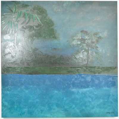 48" Sq Dark Blue Palm Tree Scene Wrapped Coastal Canvas