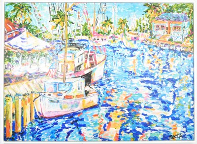 44" x 59" Boats in a Tropical Inlet Canvas in a White Frame