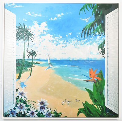 48" Sq Beach View From the Window Coastal Canvas in a White Frame