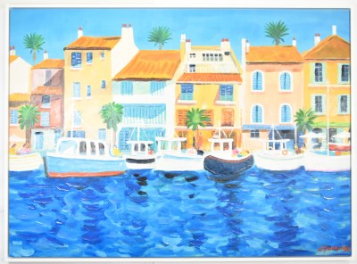 44" x 59" Row Boats and Houses Coastal Canvas in a White Frame