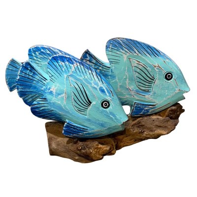 13" Two Blue Fish on Driftwood Base