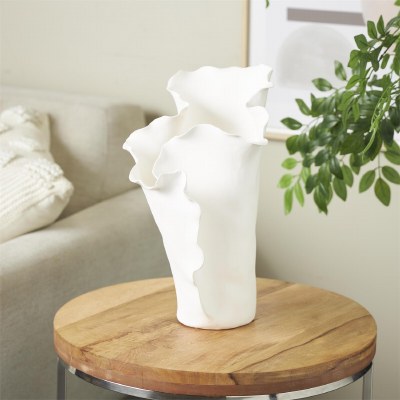 16" White Ruffle Ceramic Vase