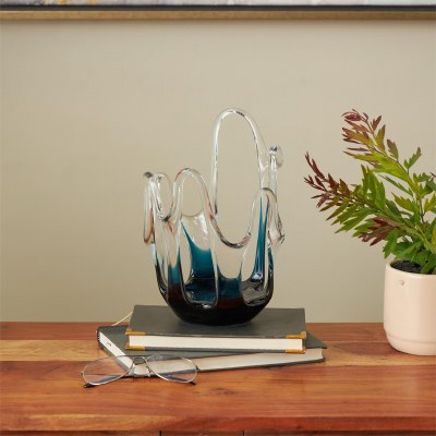10" x 7" Blue and Clear Loop Glass Decorative Bowl