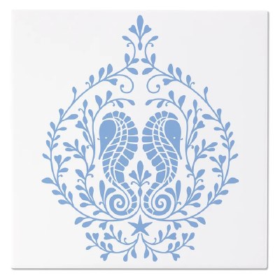 8" Sq Twp Blue Seahorses Ceramic Trivet