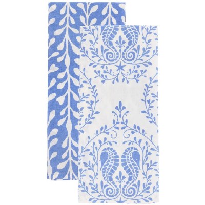 Set of Two 28" x 19" Blue and White Leaf and Two Blue Seahorses Kitchen Towels