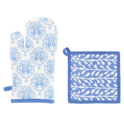 Set of Two Blue and White Leaf Pot Holder and Two Blue Seahorses Oven Mitt