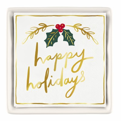 6" Square "Happy Holidays" Holly Beverage Napkins With a Ceramic Holder