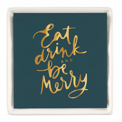 6" Square Dark Blue "Eat, Drink, and Be Merry" Christmas Beverage Napkins With a Ceramic Holder