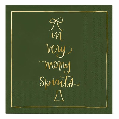 5" Square Dark Green "In My Merry Spirits" Christmas Beverage Napkins