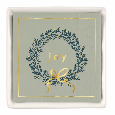 6" Square Green "Joy" Wreath Christmas Beverage Napkins With a Ceramic Holder