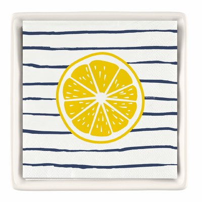 6" Square Lemon and Navy Stripes Beverage Napkins With a Ceramic Holder