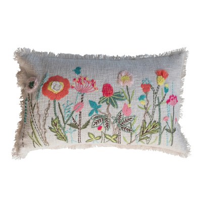 14" x 24" Multicolor Embroidered Flowers Decorative Pillow