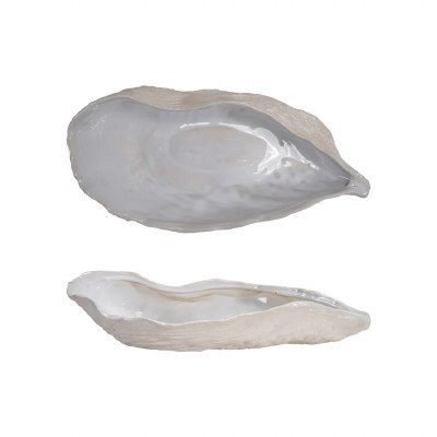 8" x 16" Cream Oyster Shell Shaped Ceramic Decorative Dish