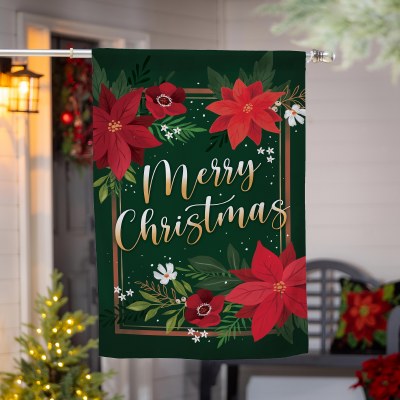 43" x 29" Green "Merry Christmas" Red Poinsettia Christmas Large Flag