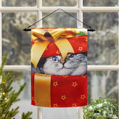 18" x 13" Cat in a Gift Box Mini Christmas Garden Flag