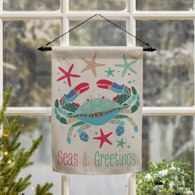 18" x 13" "Seas and Greetings" Coastal Christmas Crab Mini Garden Flag
