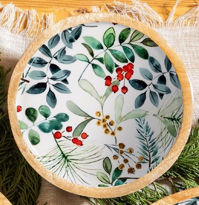7" Round Christmas Greens Wood Bowl