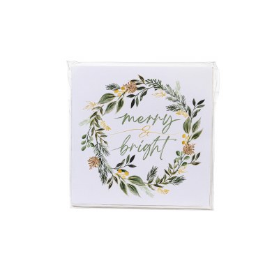 5" Square "Merry and Bright" Wreath Christmas Beverage Napkins