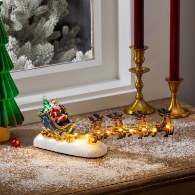 14" LED Multicolor Polyresin Santa in His Sleigh Statue