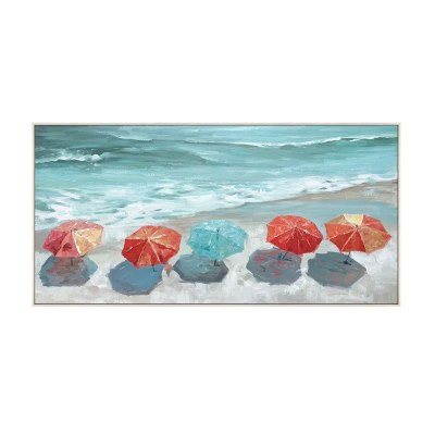 30" x 60" Five Umbrellas on the Beach Framed Coastal Canvas